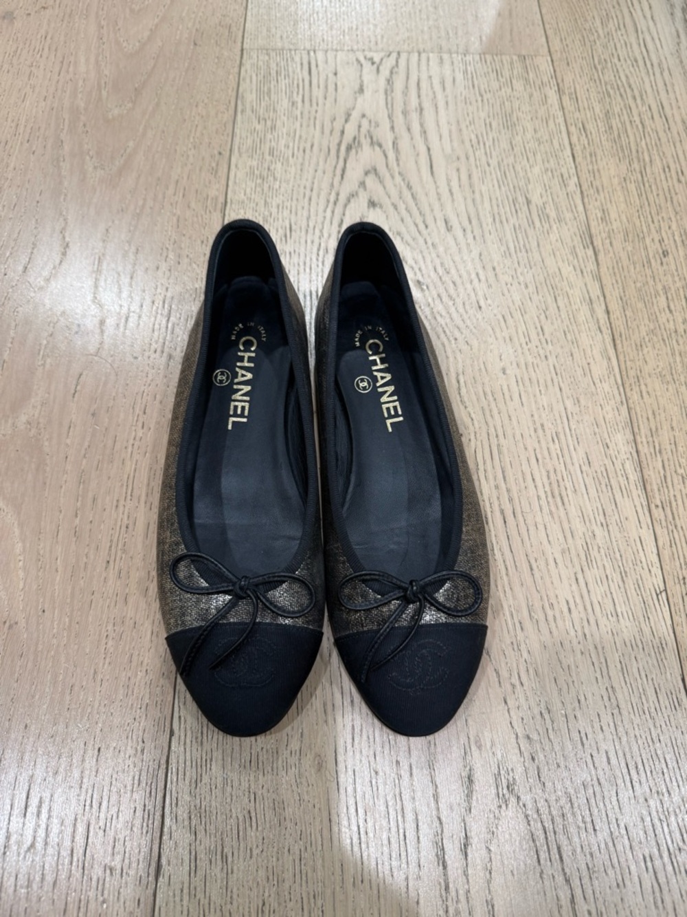 CHANEL Black and Metallic Bronze Ballet Flats with Bow